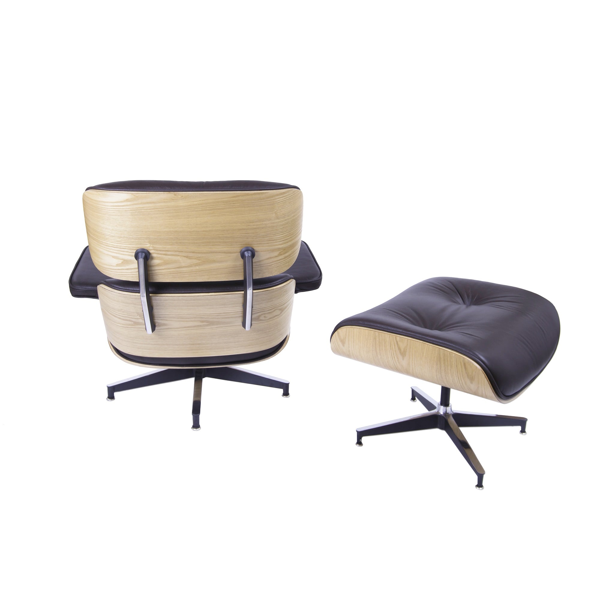 Charles Eames style, Lounge stoel met Hocker EA670 bruin essenhout Zwarte base