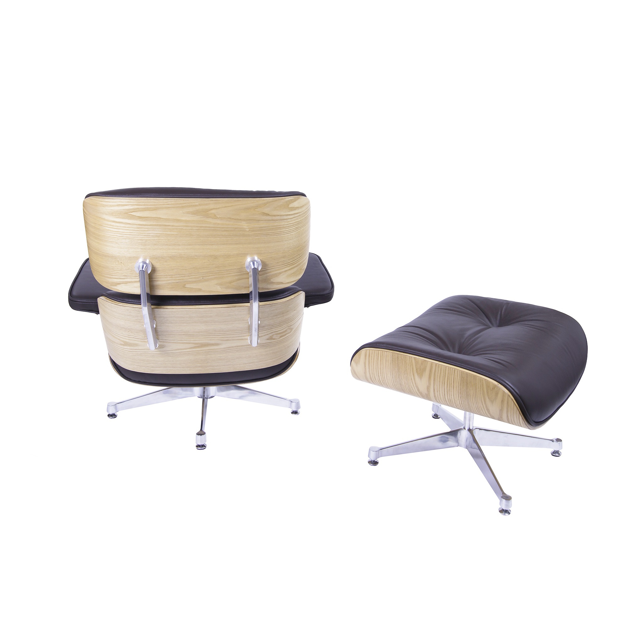 Charles Eames style, Lounge stoel met Hocker EA670 bruin essenhout Gepolijste voet