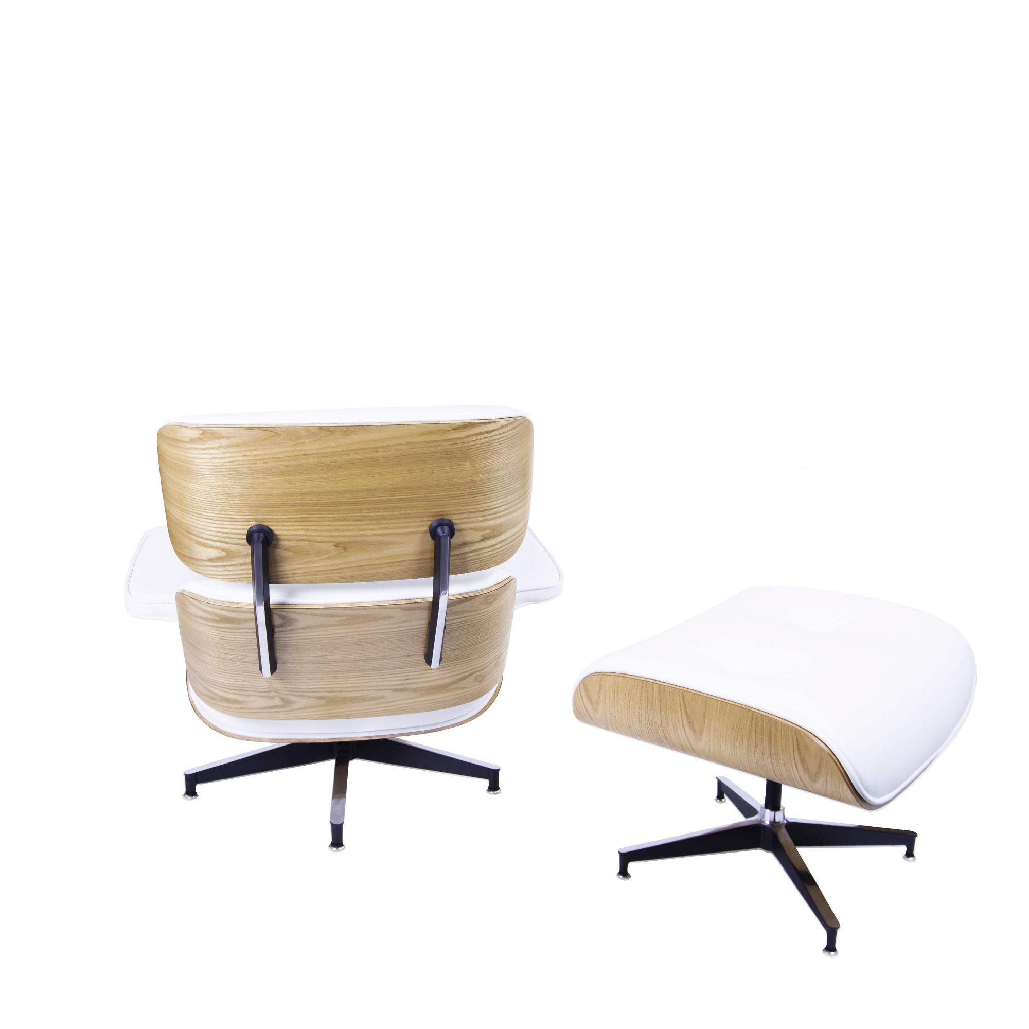 Charles Eames style, Lounge stoel met Hocker EA670 XL wit essenhout Zwarte base